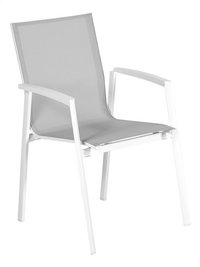 Tuinstoel Bondi lichtgrijs/wit De lichte tuinstoel Bondi met aluminium frame en lichtgrijze textylène is perfect te combineren met alle witte tuinmeubelen.
